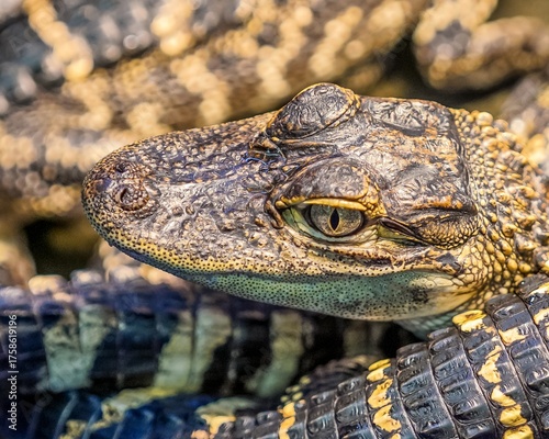 A detailed close-up stock photo of a baby alligator resting near the water’s edge. The reptile’s textured skin, sharp eyes, and tiny teeth are clearly visible, capturing the fascinating features.