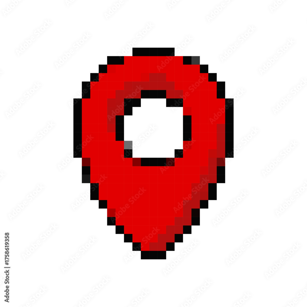 Obraz premium Red location pin in pixel style. Retro 8-bit design icon for maps, navigation, games, or digital projects. Vector illustration isolated on white background.