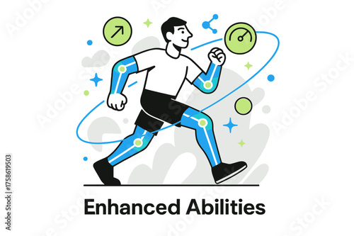 AI Prosthetic Evolution. Human evolution enhanced by AI. Character using glowing AI-enhanced prosthetics with