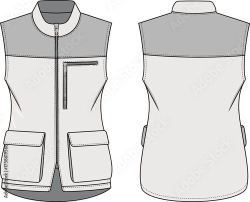 CAD drawing flat vector illustration of sleeveless utility vest, zipper closure, flap pockets, contrast yoke, outdoor garment technical sketch, fashion template