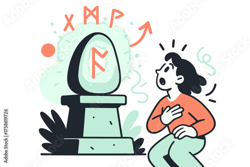 Glowing Rune Stone. Ancient rune stone. A glowing carved stone resting on a pedestal, with floating runes