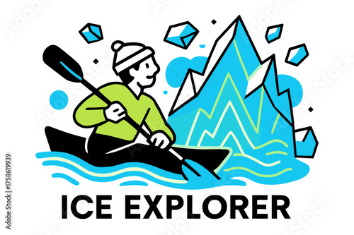 Kayaking Neon Iceberg Adventure. Icebergs. Character kayaking near glowing abstract iceberg with floating neon