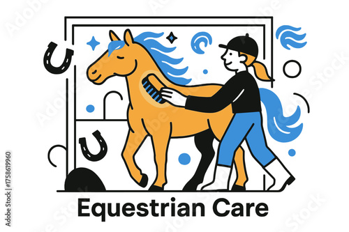 Glowing Horse Care. Pets and animals. Character brushing glowing horse in abstract stable, floating mane icons