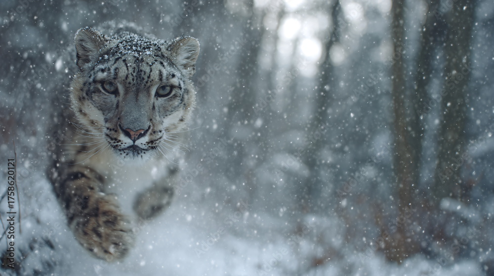 Fototapeta premium Snow Leopard Jumping in Winter Forest
