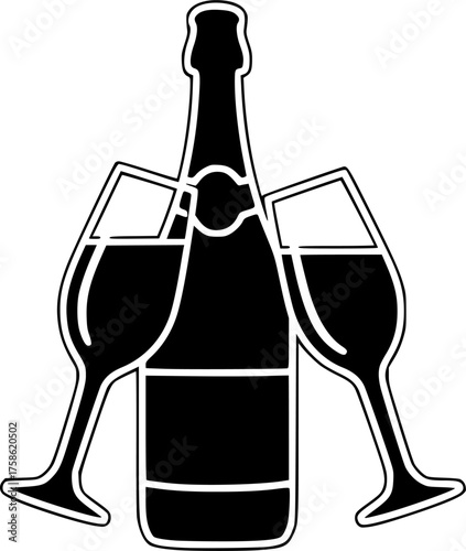 Champagne Bottle & Toasting Flutes Neon Effect Silhouette Vector: Celebration Graphic for Animated NYE Party and Boxing Day Cross-Promotion.