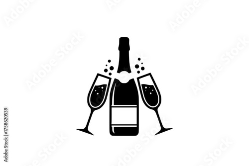 Champagne Bottle & Toasting Flutes Neon Effect Silhouette Vector: Celebration Graphic for Animated NYE Party and Boxing Day Cross-Promotion.