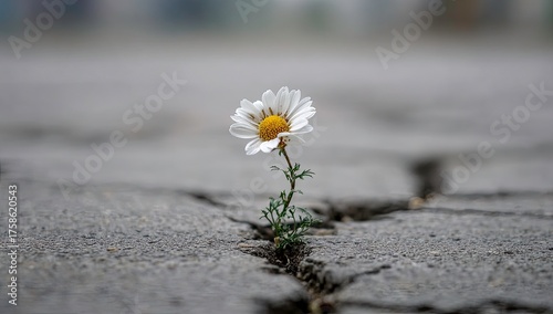 Single delicate white flower bravely growing through a crack in a concrete pavement