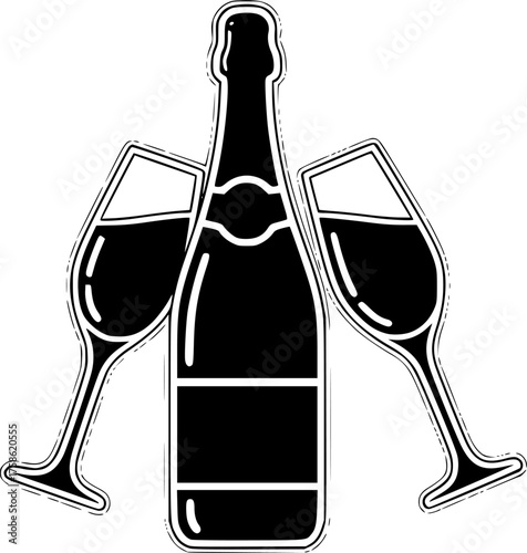 Champagne Bottle & Toasting Flutes Neon Effect Silhouette Vector: Celebration Graphic for Animated NYE Party and Boxing Day Cross-Promotion.