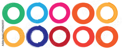 Round Brush Stroke Vector Collection. Hand Drawn Circle Paint Shape, Colorful Grunge Ink Ring, Abstract Textured Background, and Artistic Highlight Design for Logo. Set of Grunge Circle background