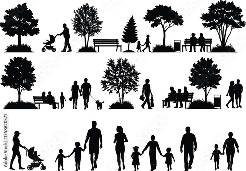 Park people silhouette, family walking, children playing, stroller scene, outdoor leisure, bench sitting, tree background, community interaction, black vector illustration