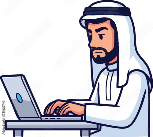 Arab man in traditional clothing working on a laptop computer.
