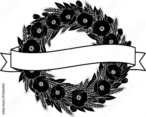 Double Poppy & Wheat Wreath Silhouette Vector with Blank Banner: Floral Frame for Remembrance Day Service Programs and Custom Memorial Text.