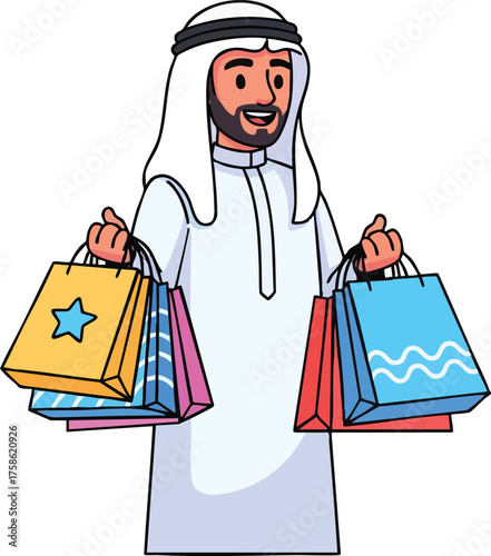 Arab Man with Shopping Bags A Colorful Cartoon Illustration.
