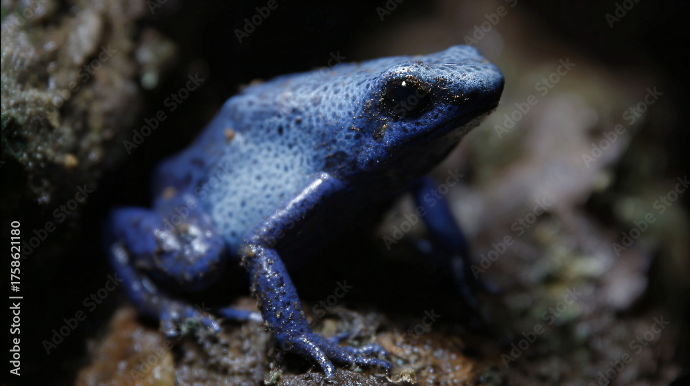 Naklejka premium Blue frog on tropical leaf with soft natural light