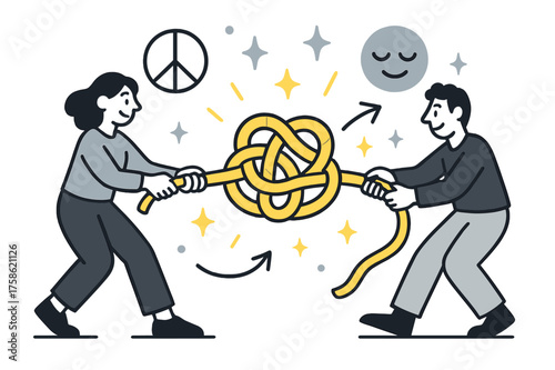 Glowing Knot Untangling. Conflict resolution. A glowing knot of rope being untangled by two characters pulling