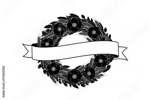 Double Poppy & Wheat Wreath Silhouette Vector with Blank Banner: Floral Frame for Remembrance Day Service Programs and Custom Memorial Text.