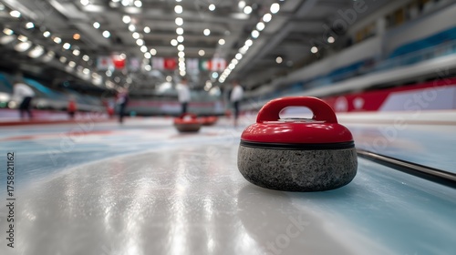 Red Curling Stone on Ice Rink During Match