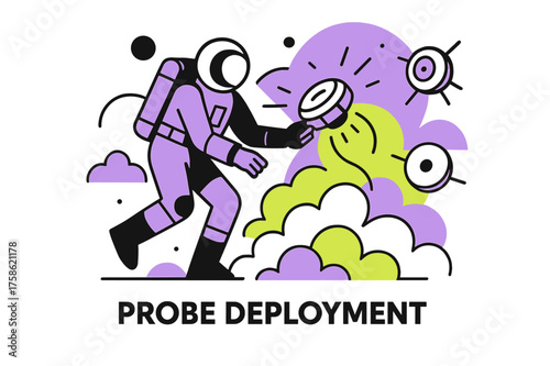 Venus Probe Deployment. Venus exploration. Character deploying glowing atmospheric probe into Venusian clouds