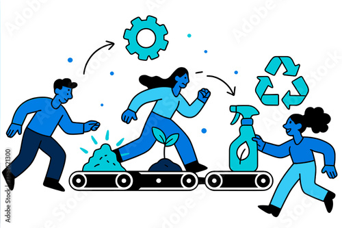 Eco-Product Transformation. Innovation pipeline. Conveyor belts carrying glowing mining waste transformed step