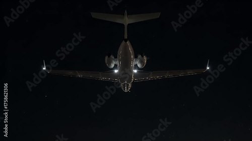 Experience the thrill of flight with stunning aerial view of private jet speeding down the runway at night toward city lights