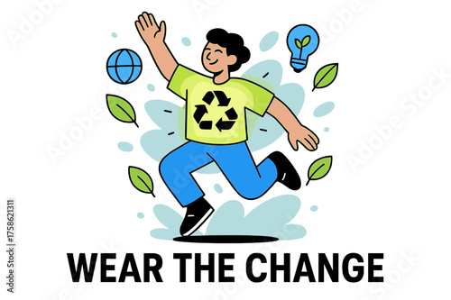 Eco-Friendly Fashion. Sustainable fashion. Character modeling glowing outfit made from recycled materials,