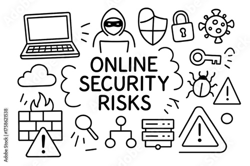 Online Security Sketch. Online security risks. Hand-drawn doodle illustration of Online security risks. Laptop