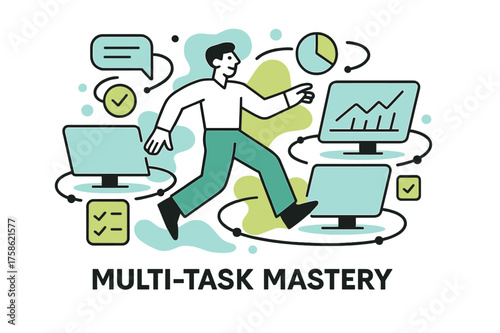 Workplace Adaptability Art. Workplace adaptability. Character moving between glowing workstations with