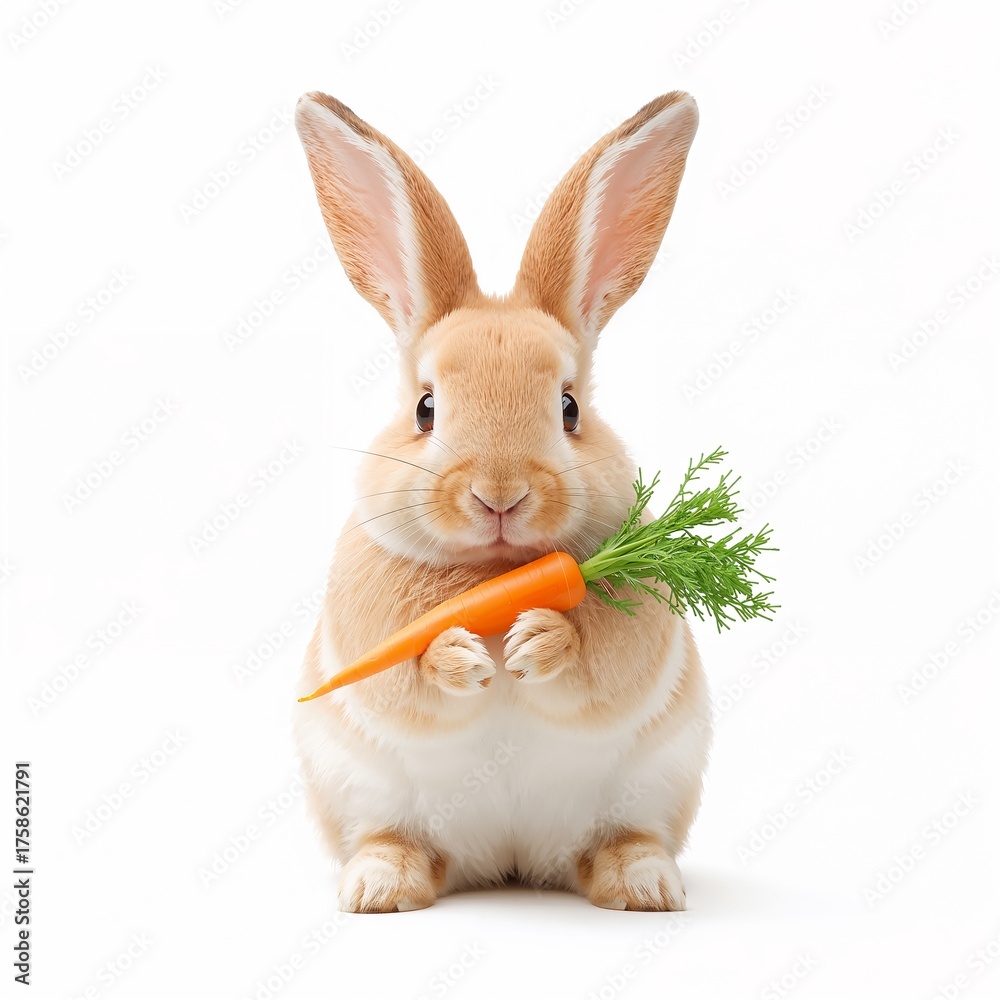 Fototapeta premium Rabbit holding carrot, isolated on white background