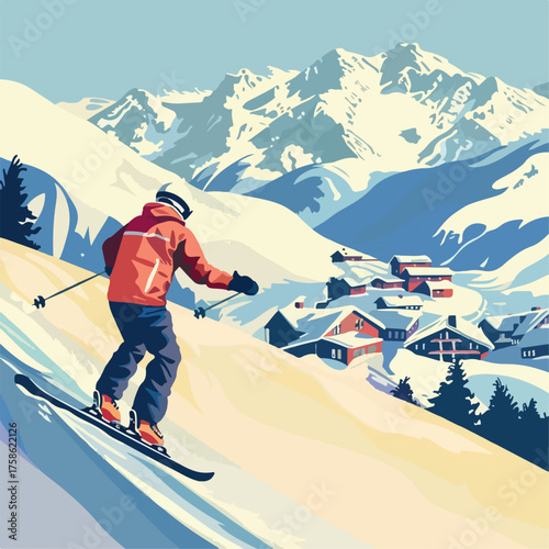 snow, vector, winter, landscape, illustration, sport, travel, resort, vacation, mountain, ski, season, holiday, outdoor, nature, recreation, background, slope, sky, tourism, hill, skier, active, 
