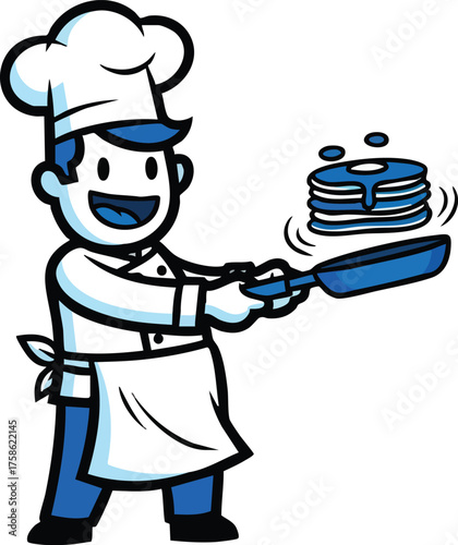Cartoon Chef Flipping Pancakes in a Pan.