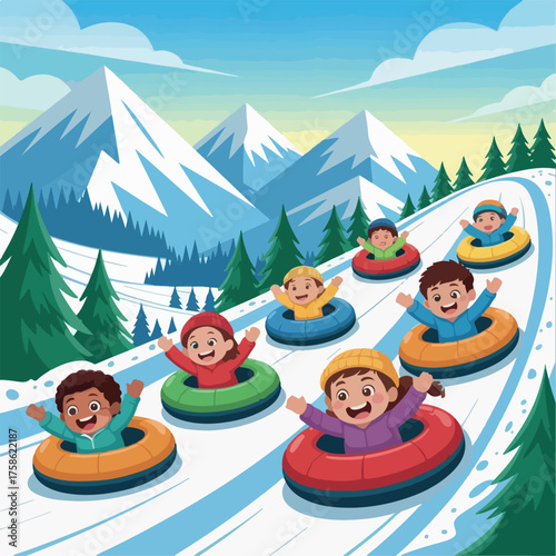 illustration, cartoon, vector, winter, fun, snow, tubing, cold, sport, activity, slide, tube, lifestyle, people, resort, season, kid, person, character, downhill, outdoor, sledding, nature, ride, 
