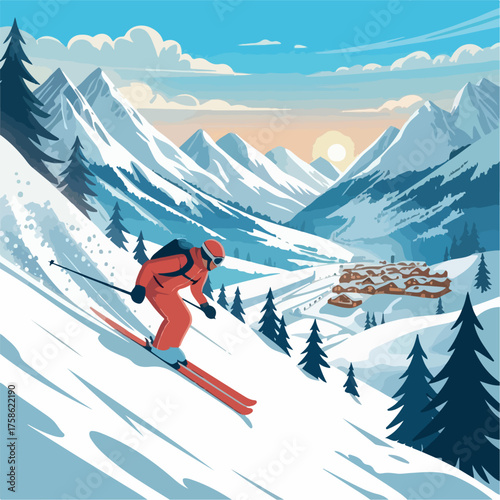 snow, vector, winter, landscape, illustration, sport, travel, resort, vacation, mountain, ski, season, holiday, outdoor, nature, recreation, background, slope, sky, tourism, hill, skier, active, 