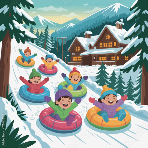 illustration, cartoon, vector, winter, fun, snow, tubing, cold, sport, activity, slide, tube, lifestyle, people, resort, season, kid, person, character, downhill, outdoor, sledding, nature, ride, 