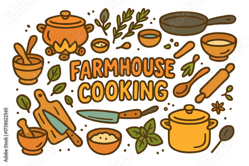 Farmhouse Culinary Doodle. Farmhouse Cooking. Hand-drawn doodle illustration of Farmhouse Cooking. firewood,