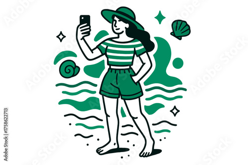 Beach Blogger Style. Beach Style. A blogger stands barefoot on the sand, snapping their outfit as waves and