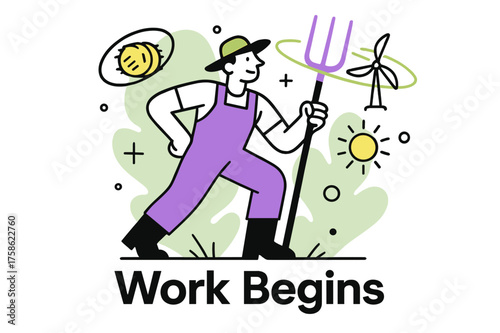 Glowing Farm Energy. Pitchfork handle. Character holding glowing pitchfork upright with floating orbiting hay