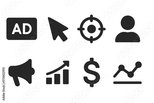 Icon Set_ Targeted Advertising. Targeted Advertising. Filled icon set of Targeted Advertising: ad banner,