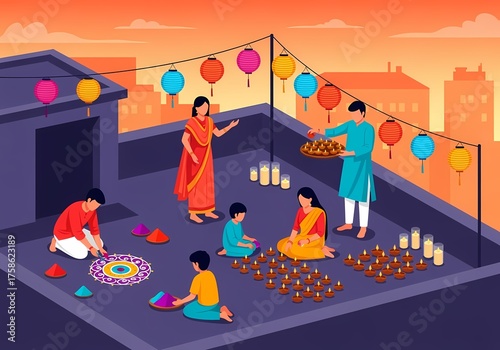 Joyful family celebrates Diwali tradition creating vibrant rangoli and lighting diyas on rooftop with colorful lanterns glowing at sunset