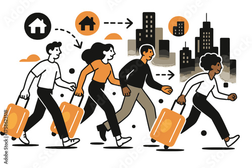 Urban Migration Journey. Urban migration. Characters walking with glowing suitcases toward a city skyline,