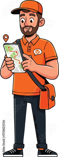 Delivery Man Navigating with Map and Bag.