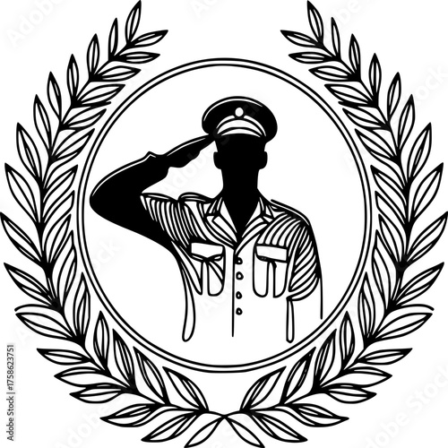 Honoring the Defender: A dignified silhouette of a saluting soldier stands within a laurel wreath, representing the values of honor, duty, and dedication. A timeless tribute.