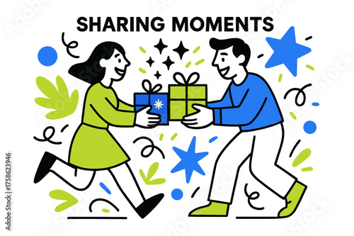 Joyful Gift Exchange. Social interactions. Characters exchanging gifts with glowing sparkles in the air,