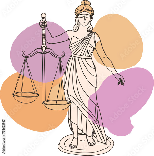 themis with scales of justice and law, Elegant depiction of Themis, goddess of justice, holding scales and a sword. A timeless symbol of fairness, law, and unwavering judgment
