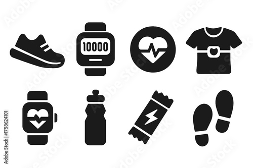 Fitness Icon Set. Fitness Monitoring. Filled icon set of Fitness Monitoring: running shoes, pedometer, heart