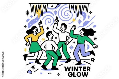 Frosty Dance Celebration. Frost-themed party with icicles and snow-inspired decorations. Icicle chandeliers