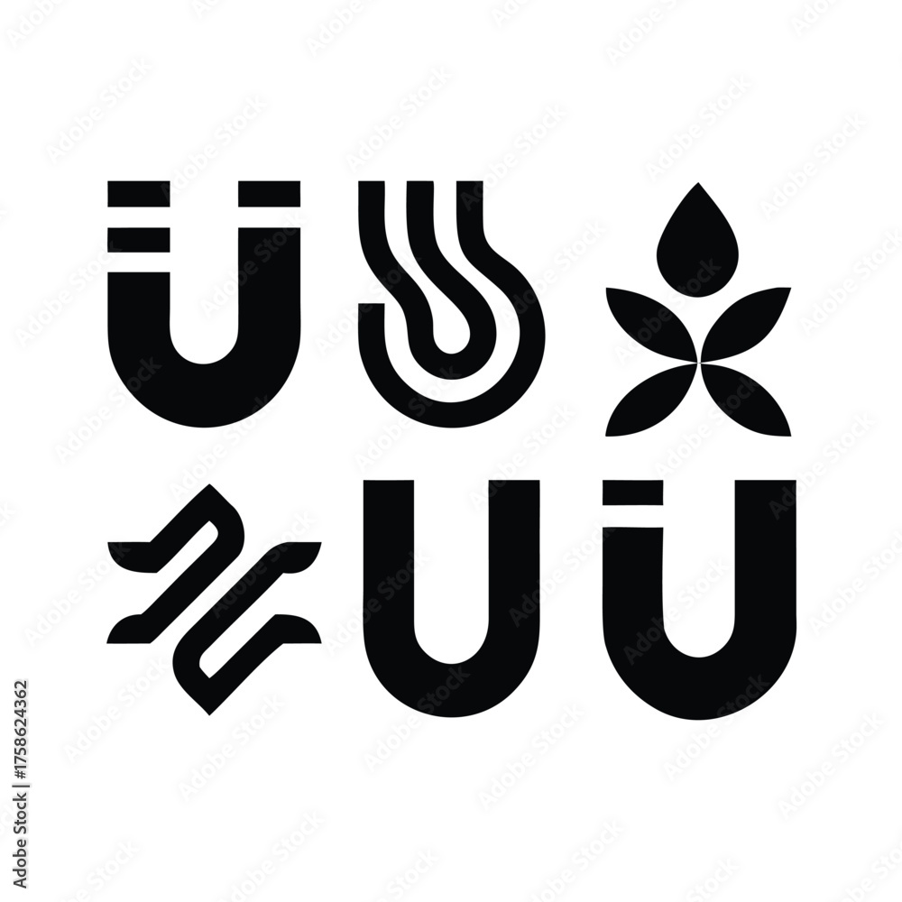 Obraz premium Solid Black Abstract Vector Logo Set Based on the Letter U and Organic Shapes