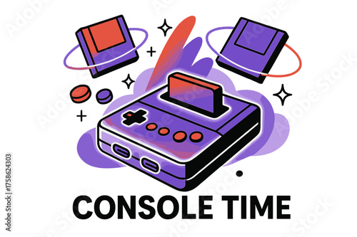 Abstract Console Adventure. Playing video games. Abstract glowing console with floating game cartridges,