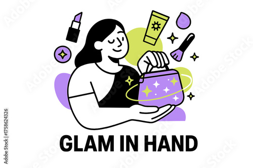 Glamorous Beauty Icons. Cosmetic bag. Character holding glowing cosmetic bag with orbiting neon sparkles and