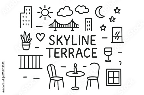 Skyline Terrace Doodle. Skyline Terrace. Hand-drawn doodle illustration of Skyline Terrace. balcony railing,