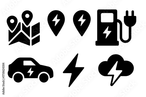 Electric Icons Grid. Charging Network. Filled icon set of Charging Network: map, pins, charging station, cable